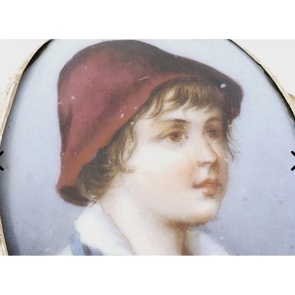 Antique Oval Porcelain Portrait Brooch of Young Boy with Cap.  Hand Painted